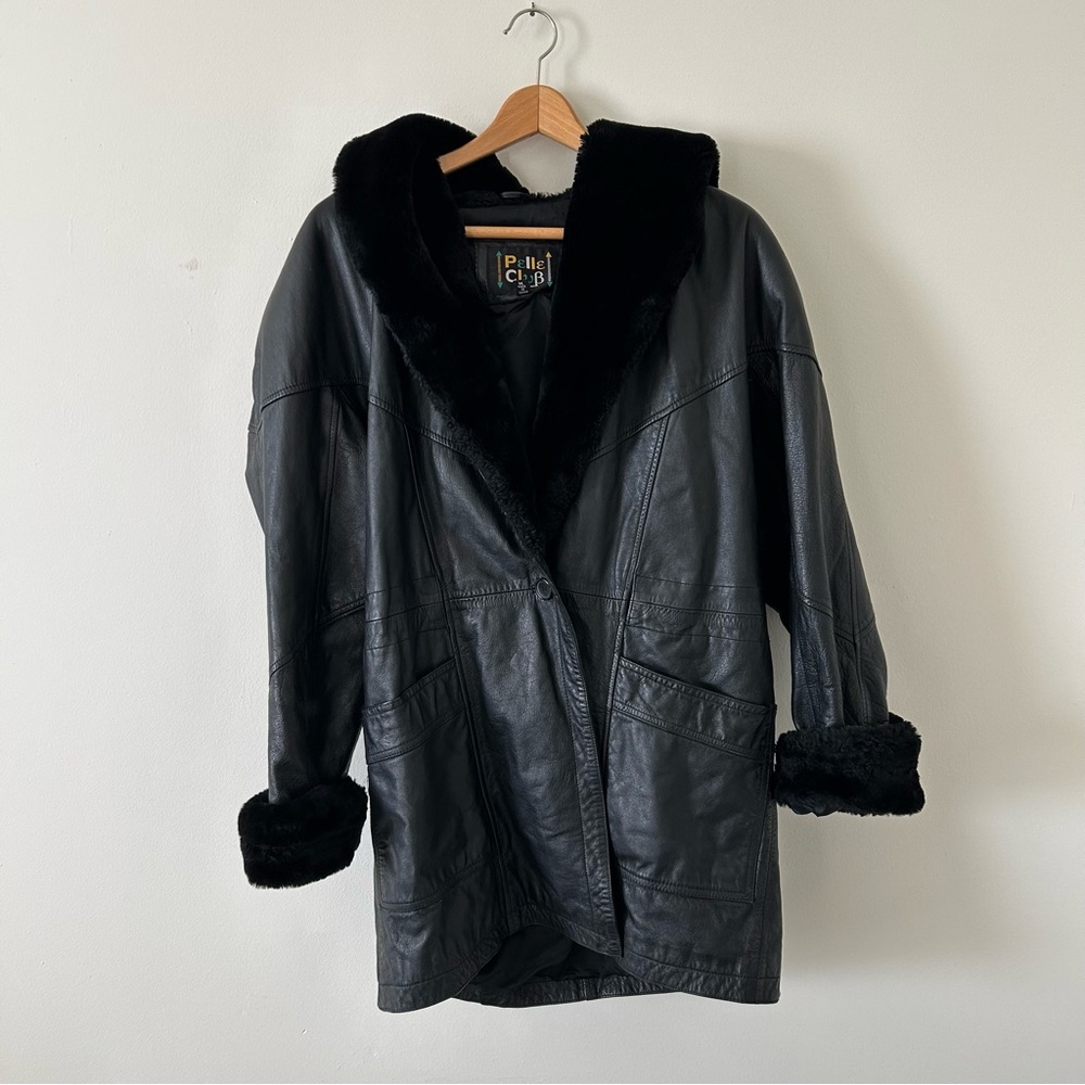 Vintage 90’s Pelle Club Hooded Black Genuine Leather Jacket with Faux Fur Trim M